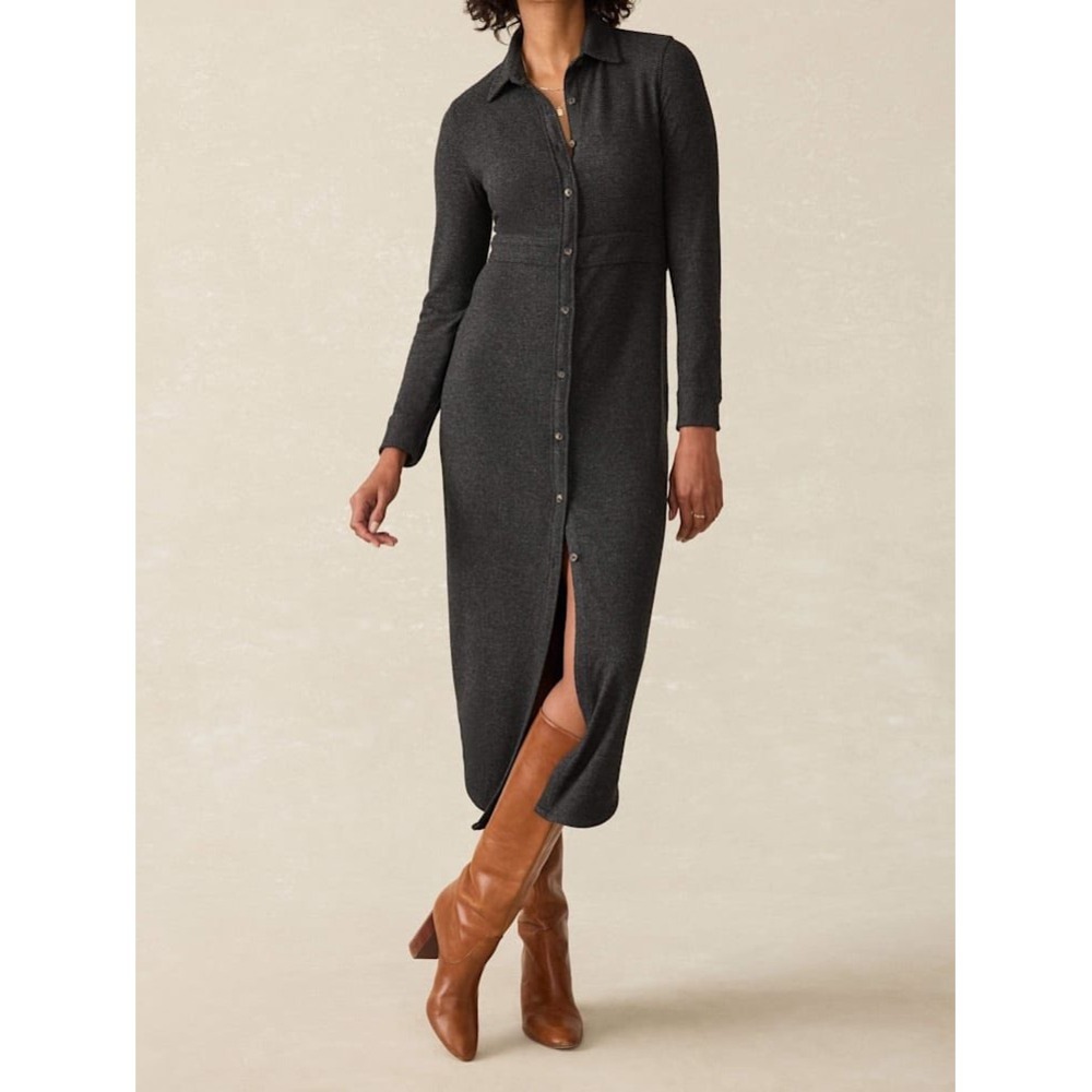 Faherty Legend Sweater Maxi Shirtdress Charcoal Gray Knit Size Small